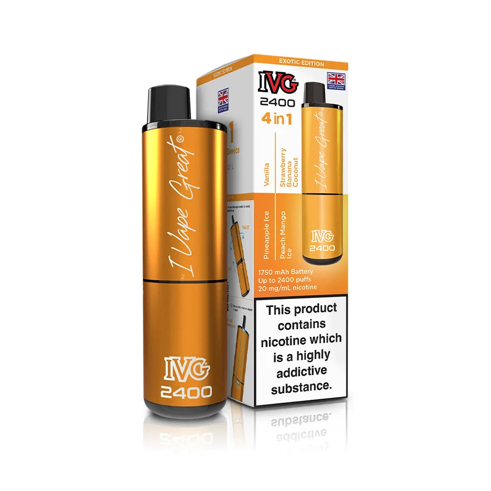 IVG 2400 Pre-Filled Kit new 2025 IVG 4 in 1 kit TPD Legal - Exotic Edition - Pineapple Ice - Vanilla - Peach Mango Ice - Strawberry Banana Coconut
