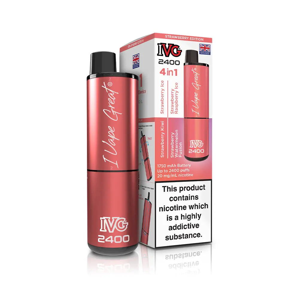 IVG 2400 Pre-Filled Kit new 2025 IVG 4 in 1 kit TPD Legal -  Strawberry Edition - Strawberry Kiwi - Strawberry Ice - Strawberry Watermelon Fusion - Strawberry Raspberry Ice