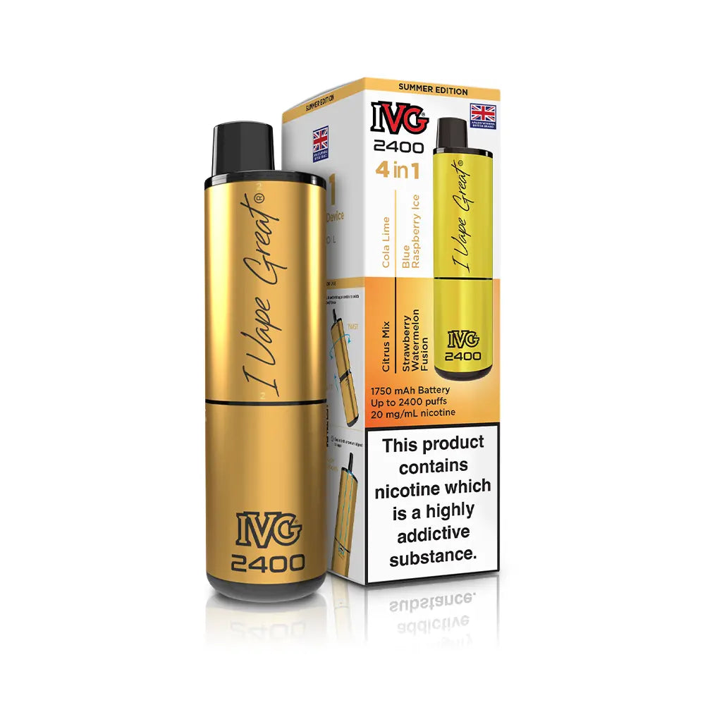IVG 2400 Pre-Filled Kit new 2025 IVG 4 in 1 kit TPD Legal - Summer Edition - Citrus Mix - Cola Lime - Strawberry Watermelon Fusion - Blue Raspberry Ice