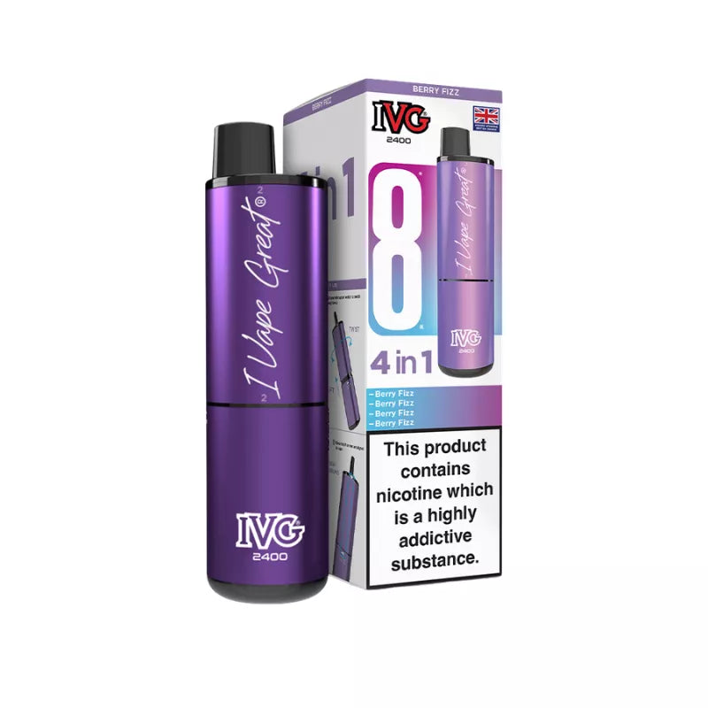 IVG 2400 Rechargeable 4 in 1 prefilled pod kit. Legal UK -  Berry Fizz Single Flavour Edition.