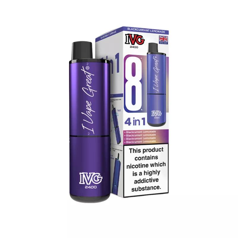 IVG 2400 Rechargeable 4 in 1 prefilled pod kit. Legal UK -  Blackcurrant Lemonade Single Flavour Edition.