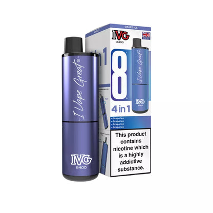IVG 2400 Rechargeable 4 in 1 prefilled pod kit. Legal UK -  Grape Ice Single Flavour Edition.