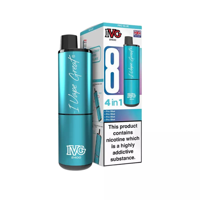 IVG 2400 Rechargeable 4 in 1 prefilled pod kit. Legal UK -  Pro Blue Single Flavour Edition.