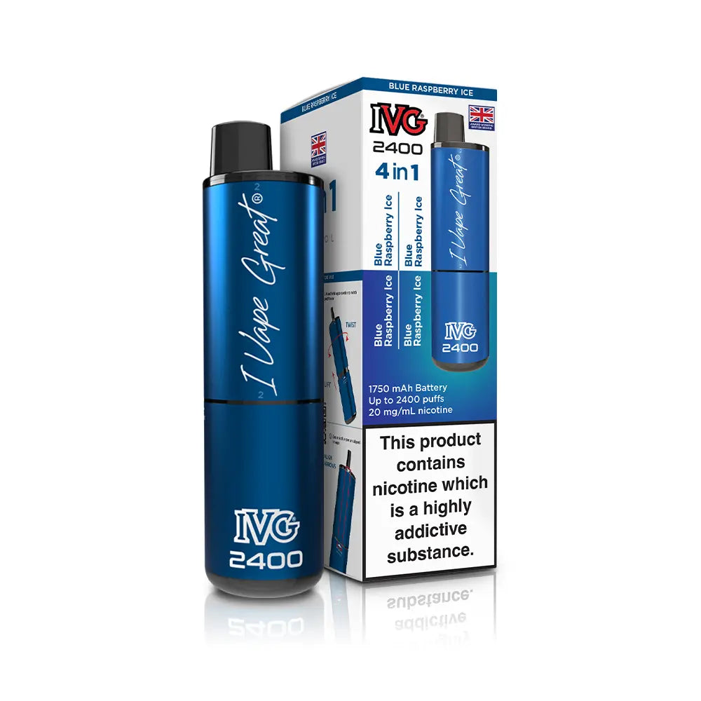 IVG 2400 Rechargeable 4 in 1 prefilled pod kit. Legal UK - blue raspberry ice single flavour.