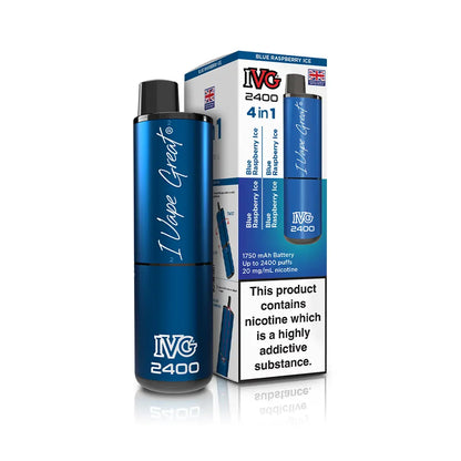 IVG 2400 Rechargeable 4 in 1 prefilled pod kit. Legal UK - blue raspberry ice single flavour.