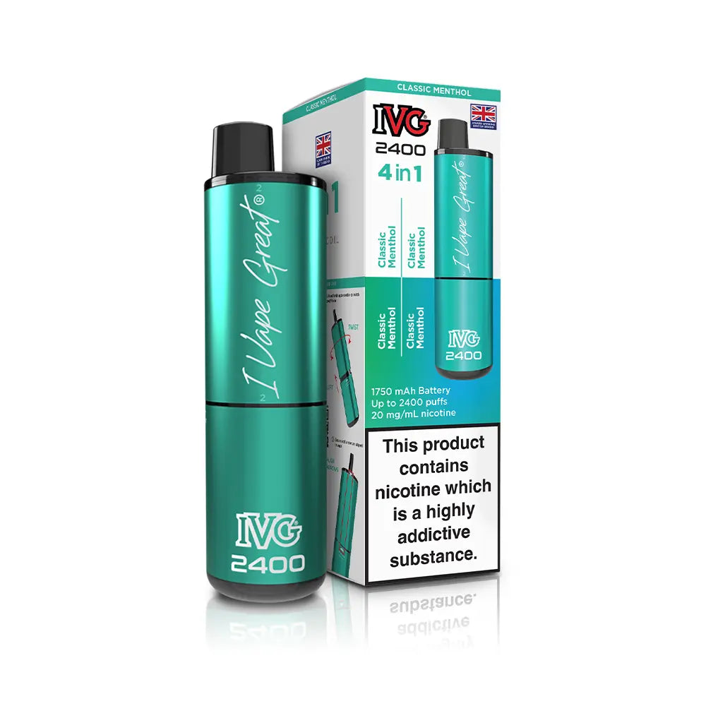 IVG 2400 Rechargeable 4 in 1 prefilled pod kit. Legal UK - Classic Menthol single flavour.