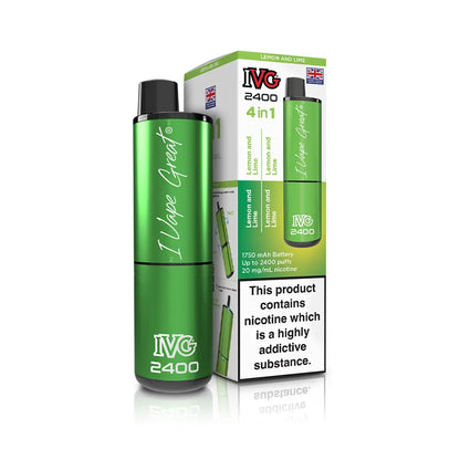 IVG 2400 Rechargeable 4 in 1 prefilled pod kit. Legal UK - Lemon and Lime Single flavour.