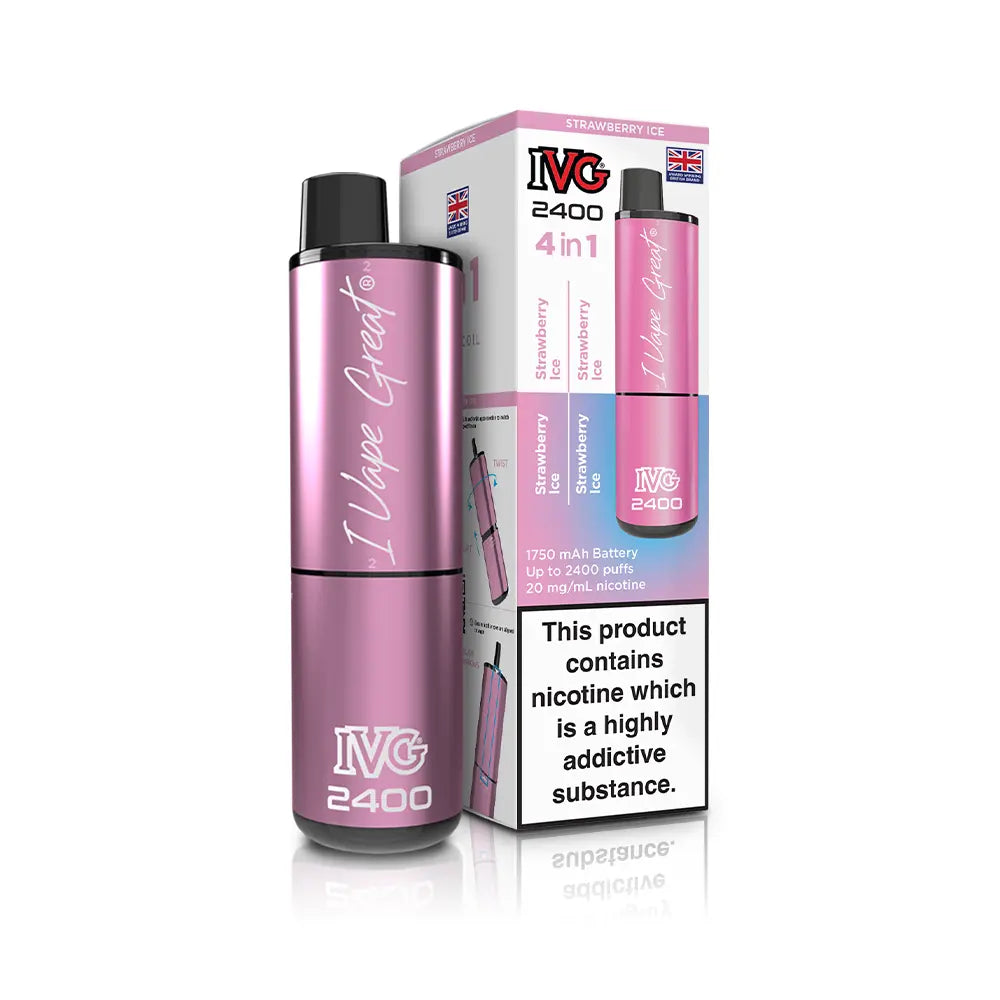 IVG 2400 Rechargeable 4 in 1 prefilled pod kit. Legal UK -  Strawberry Ice Single Flavour Edition.