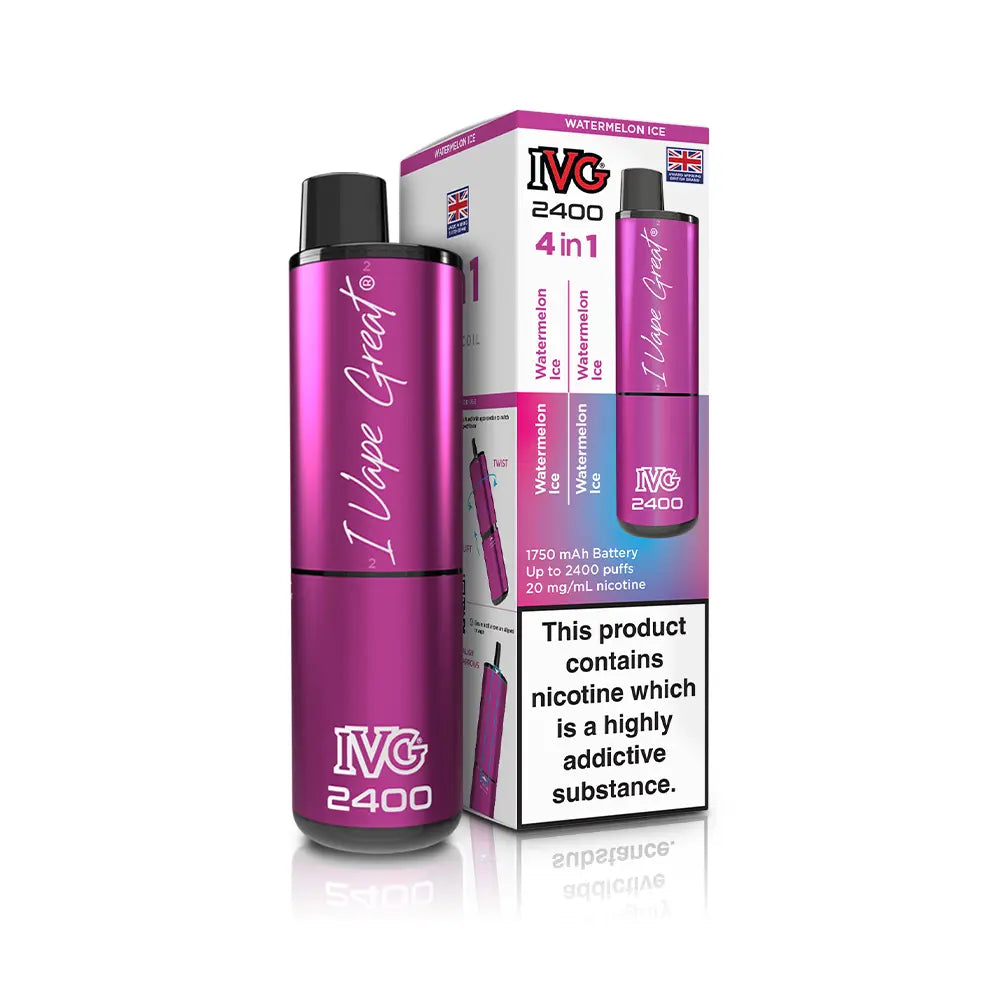 IVG 2400 Rechargeable 4 in 1 prefilled pod kit. Legal UK - Watermelon Ice single flavour.