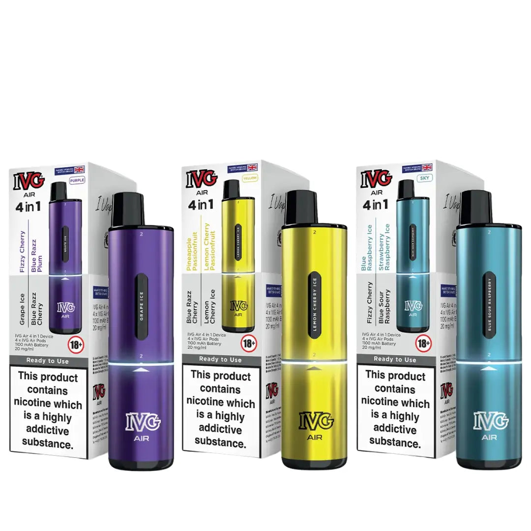 IVG Air 4-in-1 Prefilled Pod Vape Kit in purple, yellow, and blue with packaging.
