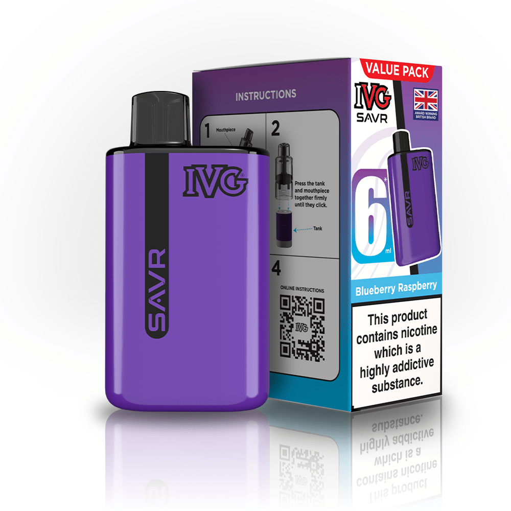 IVG SAVR 3000 Puffs Prefilled Pod Kit
Box of 5, Blueberry Raspberry Flavour