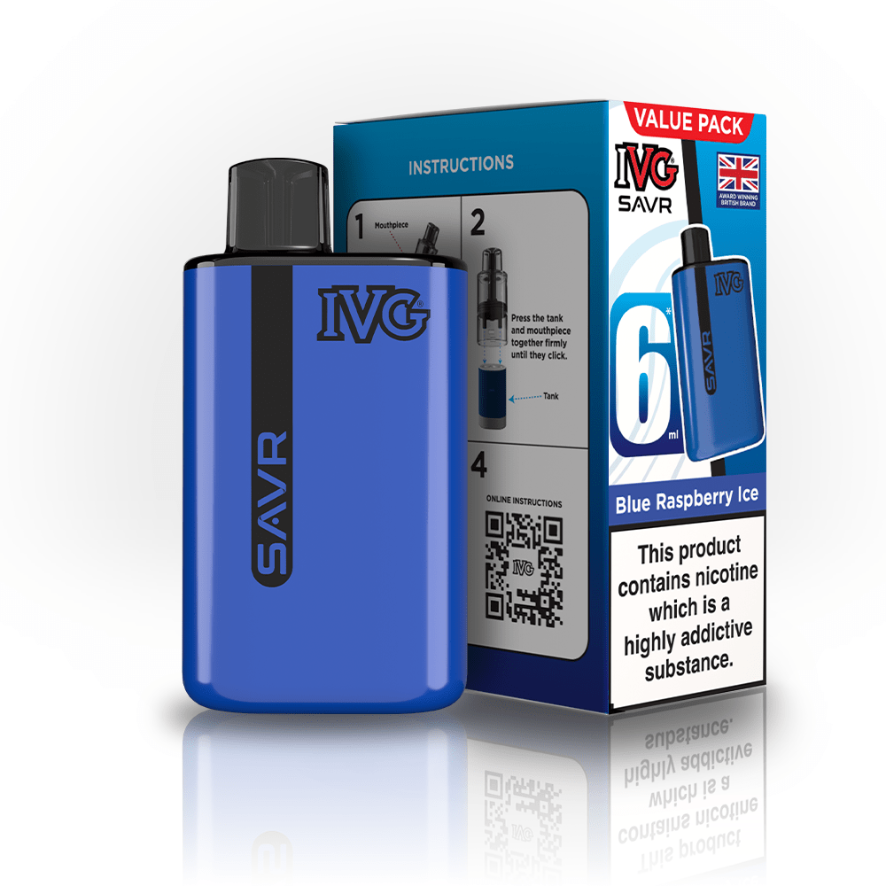 IVG SAVR 3000 Puffs Prefilled Pod Kit
Box of 5, Blue Raspberry Ice Flavour