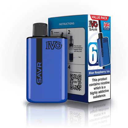 IVG SAVR 3000 Puffs Prefilled Pod Kit
Box of 5, Blue Raspberry Ice Flavour