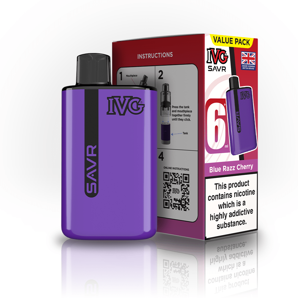 IVG SAVR 3000 Puffs Prefilled Pod Kit
Box of 5, Blue Razz Cherry Flavour