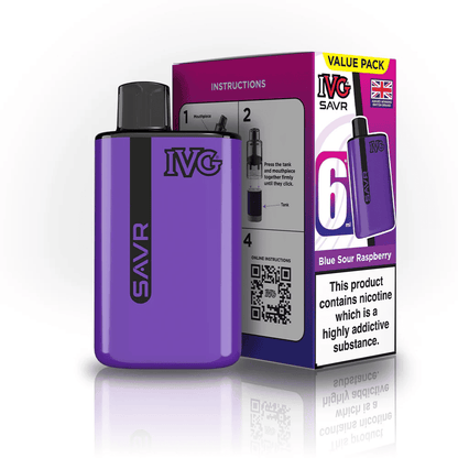 IVG SAVR 3000 Puffs Prefilled Pod Kit
Box of 5, Blue Sour Raspberry Flavour