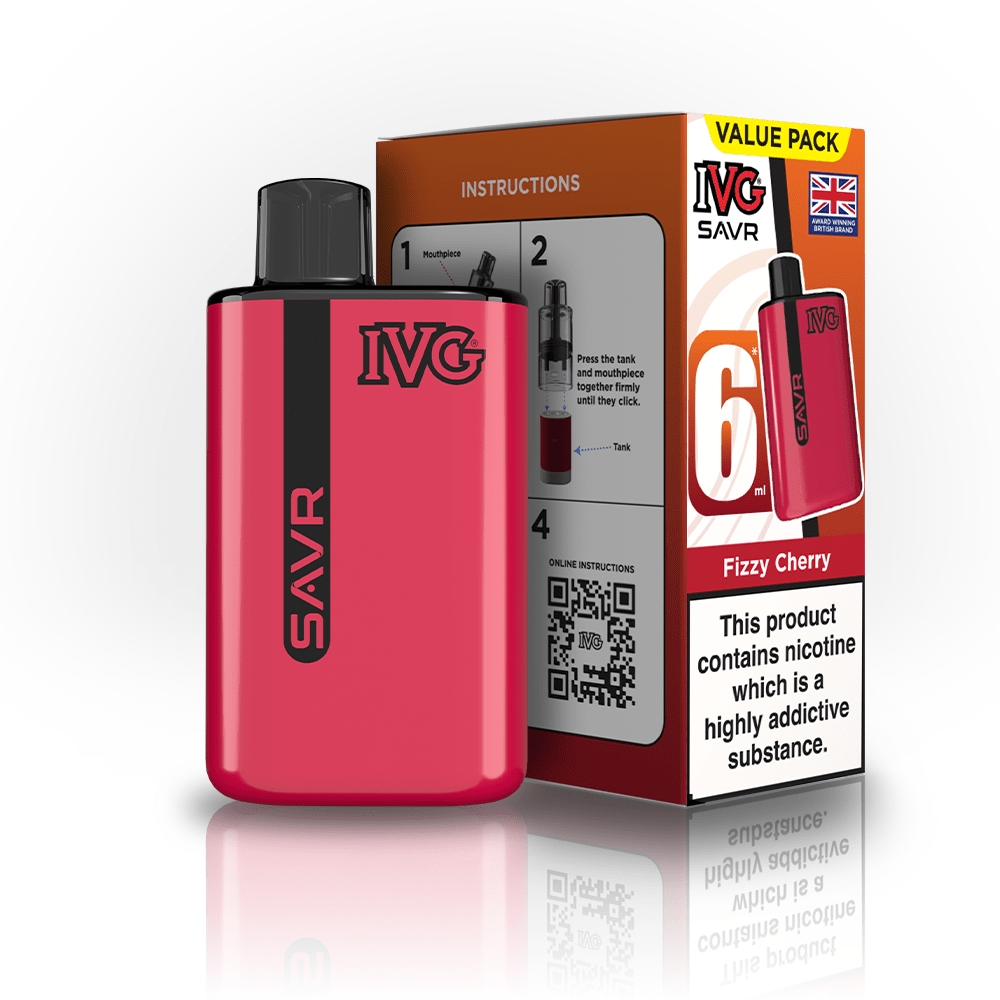 IVG SAVR 3000 Puffs Prefilled Pod Kit
Box of 5, Fizzy Cherry Flavour