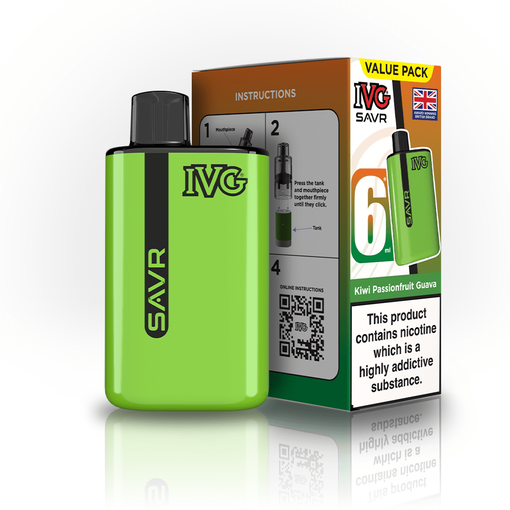 IVG SAVR 3000 Puffs Prefilled Pod Kit
Box of 5, Kiwi Passion Fruit Flavour
