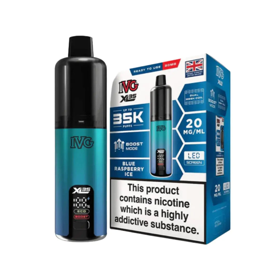IVG XL 35K Vape Kit in Blue Raspberry Ice Flavour, offering up to 35,000 puffs of 20mg IVG Flavours.