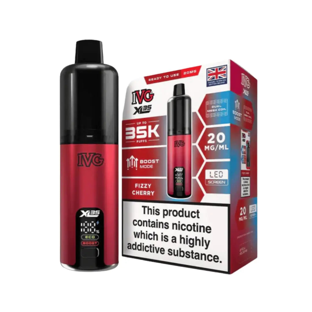 IVG XL 35K Vape Kit in Fizzy Cherry Flavour, offering up to 35,000 puffs of 20mg IVG Flavours.