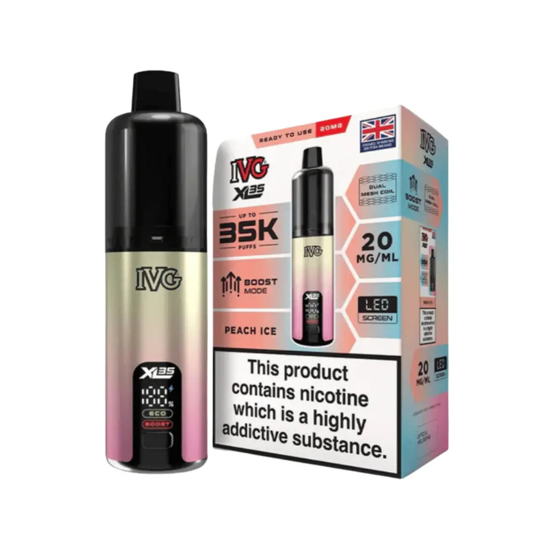 IVG XL 35K Vape Kit in Peach Ice Flavour, offering up to 35,000 puffs of 20mg IVG Flavours.
