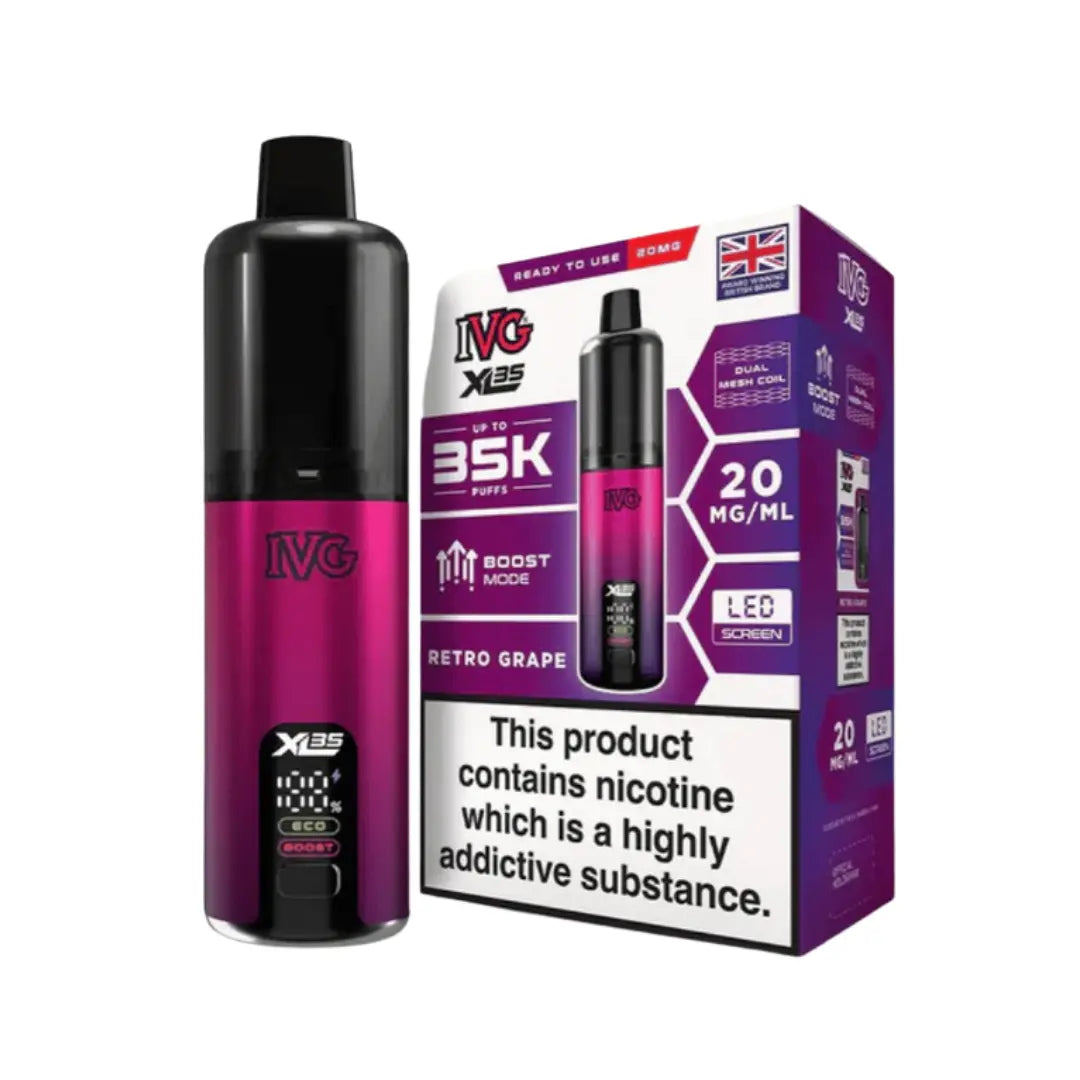 IVG XL 35K Vape Kit in Retro Grape Flavour, offering up to 35,000 puffs of 20mg IVG Flavours.