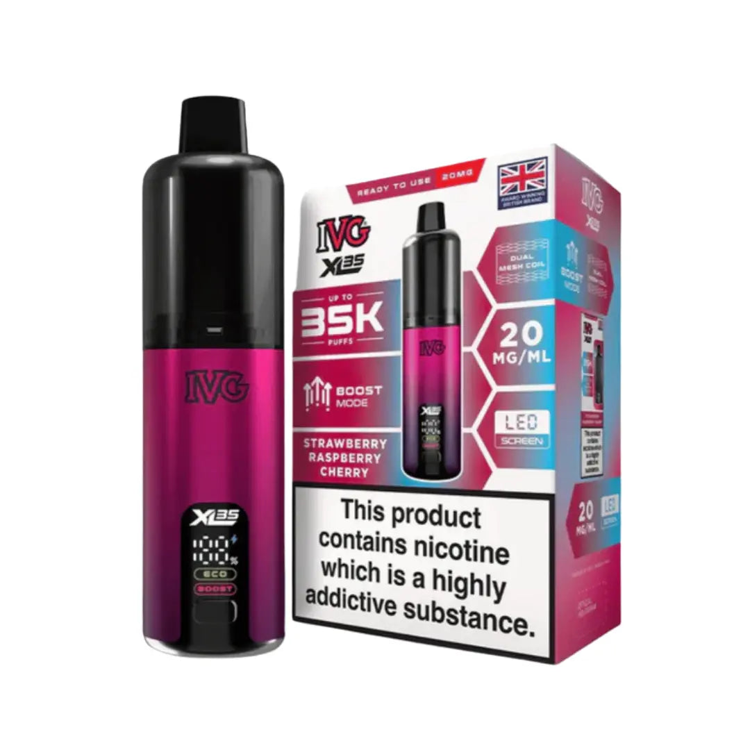 IVG XL 35K Vape Kit in Strawberry Raspberry Cherry Flavour, offering up to 35,000 puffs of 20mg IVG Flavours.