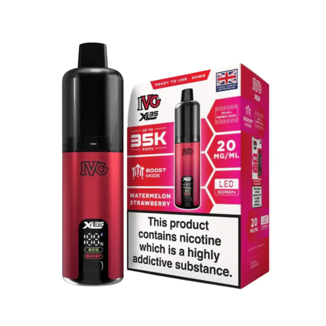 IVG XL 35K Vape Kit in Watermelon Strawberry Flavour, offering up to 35,000 puffs of 20mg IVG Flavours.