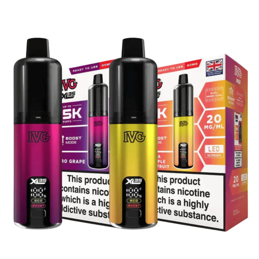 Two IVG XL 35K Vape Kits with colourful packaging on a white background