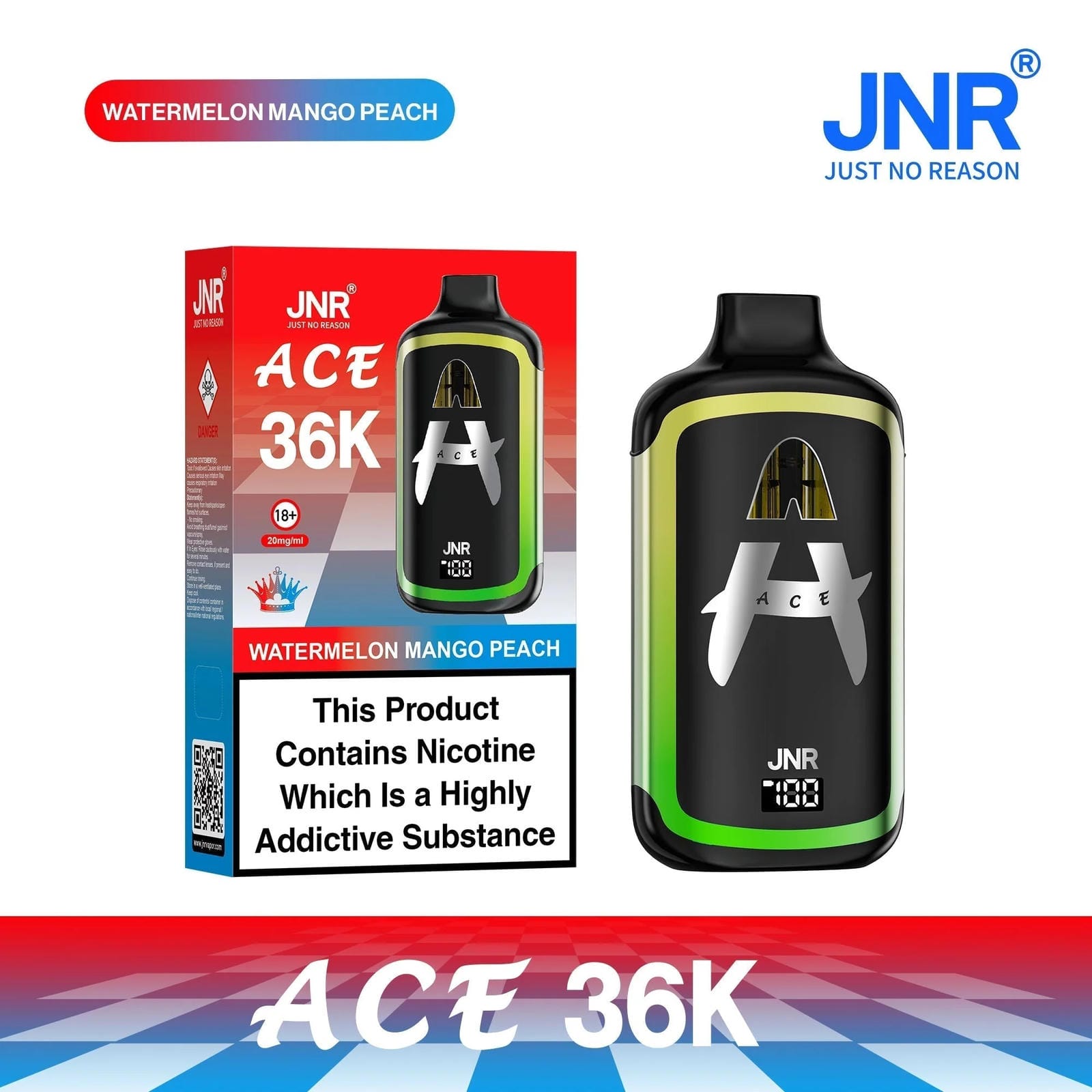 JNR Ace 36K Puffs Prefilled Vape Pod Kit Box of 5, Watermelon Mango Peach Flavour