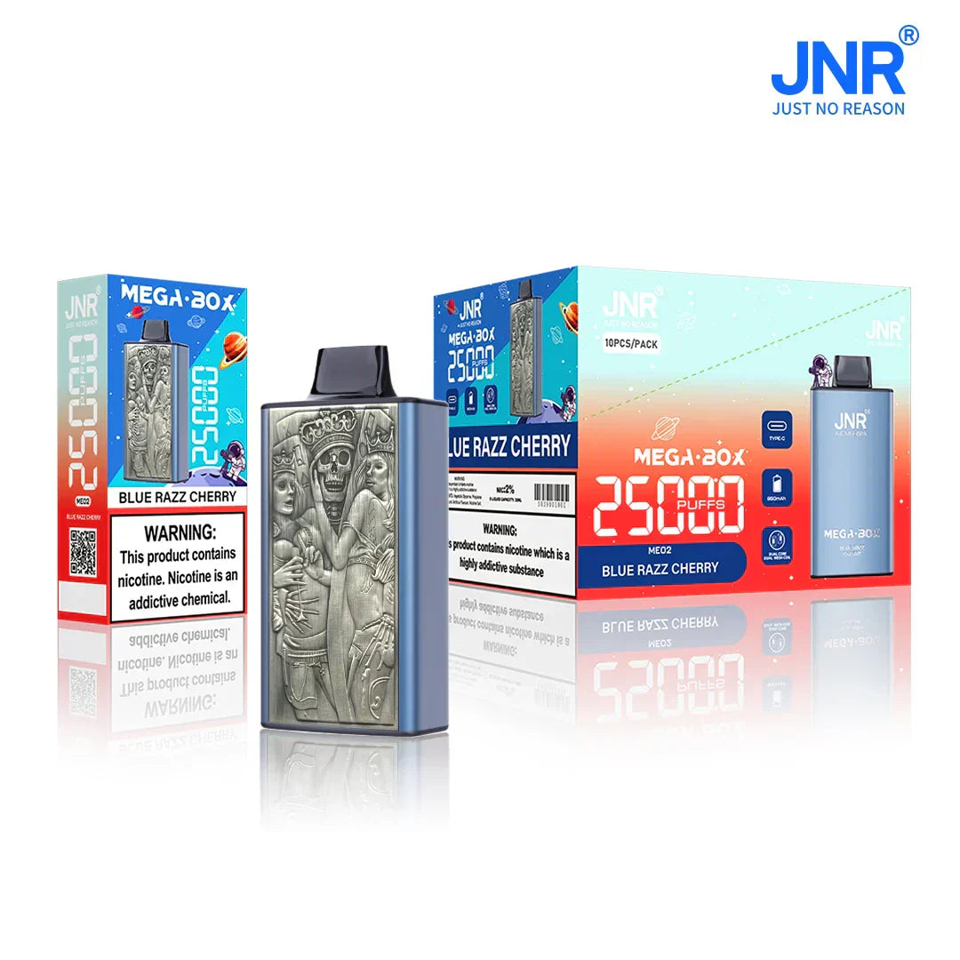 JNR Mega Box 25000 Puffs Prefilled Vape Pod Kit Box of 10, Blue Razz Cherry Flavour