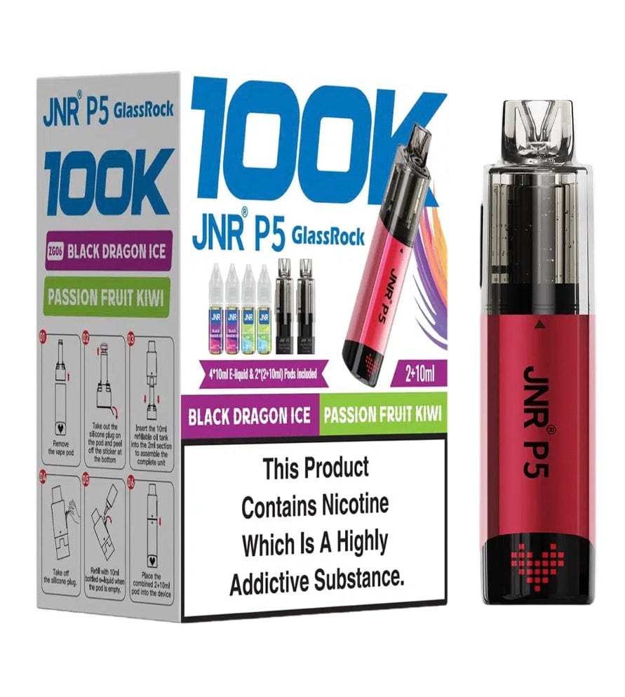 JNR P5 GlassRock 100k Refillable Pod Kit Pack Of 3, Black Dargon Ice, Passion Fruit Kiwi Flavour