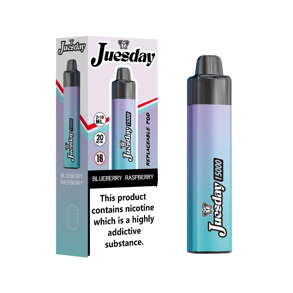 Juesday 15000 Puffs Prefilled Vape Pod Kit Box of 10, Blueberry Raspberry Flavour
