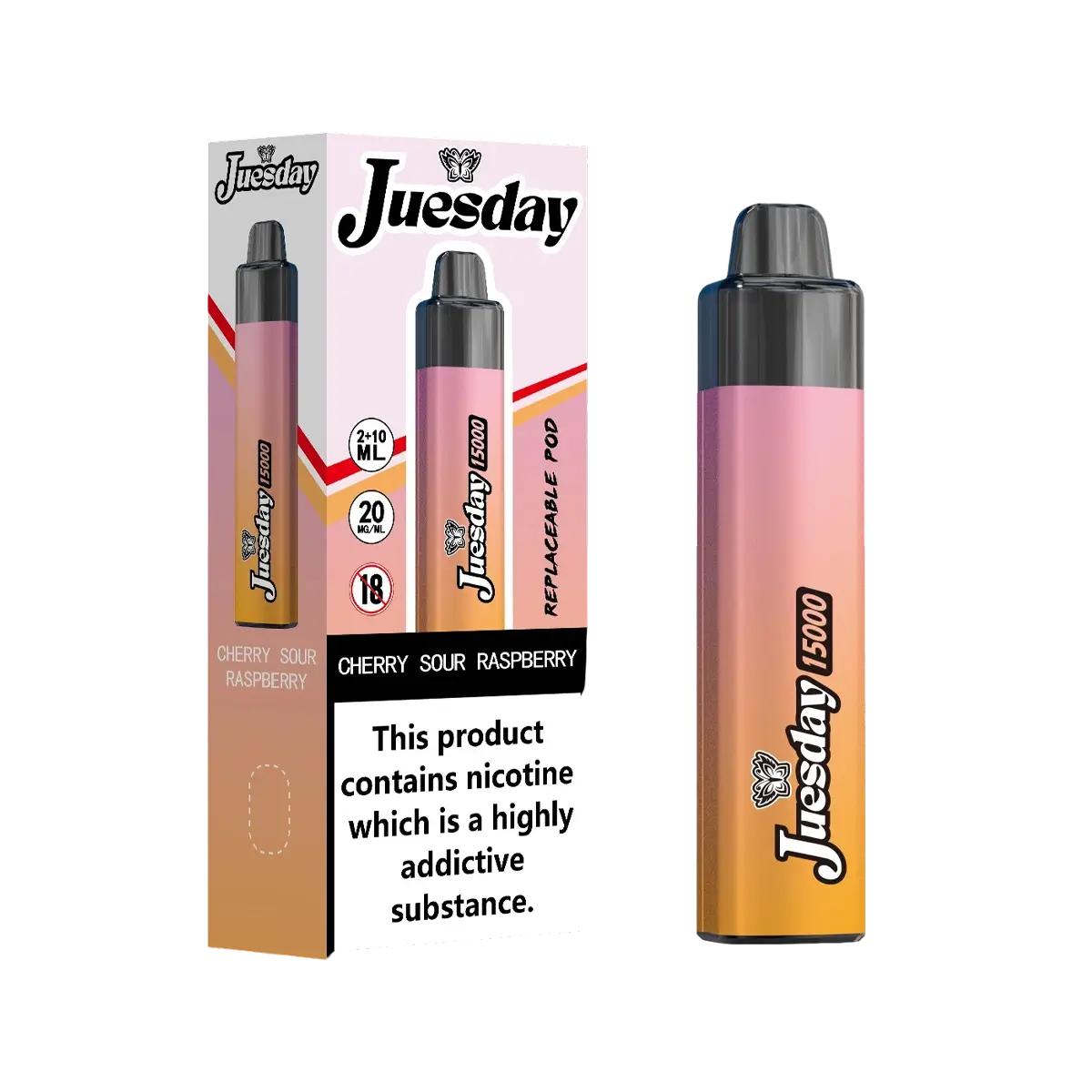 Juesday 15000 Puffs Prefilled Vape Pod Kit Box of 10, Cherry Sour Raspberry Flavour