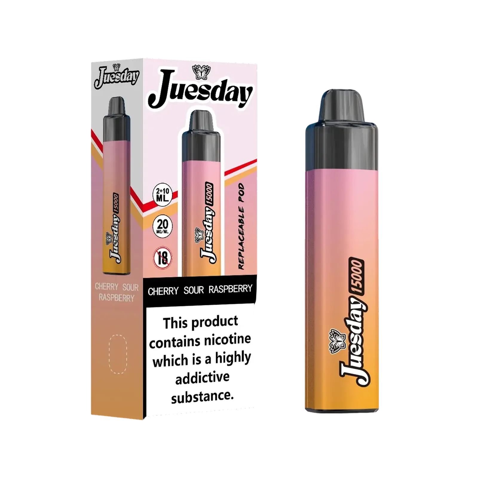 Juesday 15000 Puffs Prefilled Vape Pod Kit Box of 10, Cherry Sour Raspberry Flavour