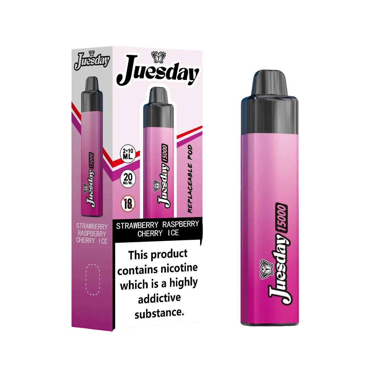 Juesday 15000 Puffs Prefilled Vape Pod Kit Box of 10, Strawberry Raspberry Cherry Ice Flavour