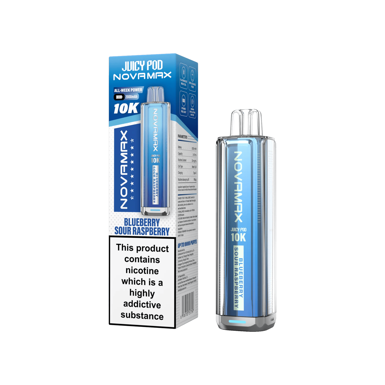 Juicy Pod Novamax 10k Prefilled Pod Vape Kit Pack of 5, Blueberry Sour Raspberry Flavour
