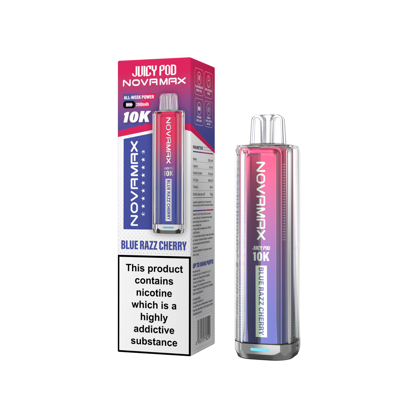 Juicy Pod Novamax 10k Prefilled Pod Vape Kit Pack of 5, Blue Razz Cherry Flavour