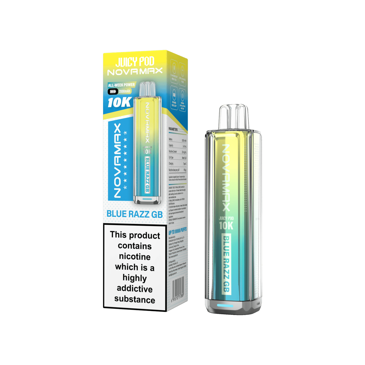 Juicy Pod Novamax 10k Prefilled Pod Vape Kit Pack of 5, Blue Razz GB Flavour