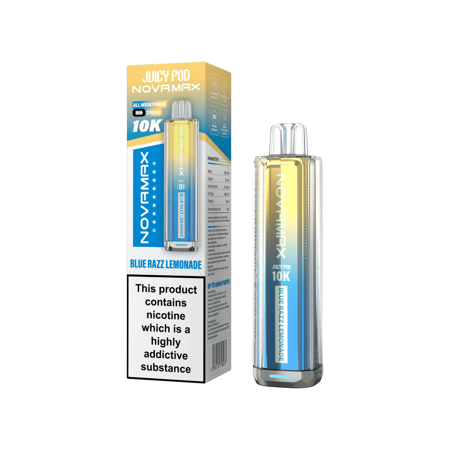 Juicy Pod Novamax 10k Prefilled Pod Vape Kit Pack of 5, Blue Razz Lemonade Flavour