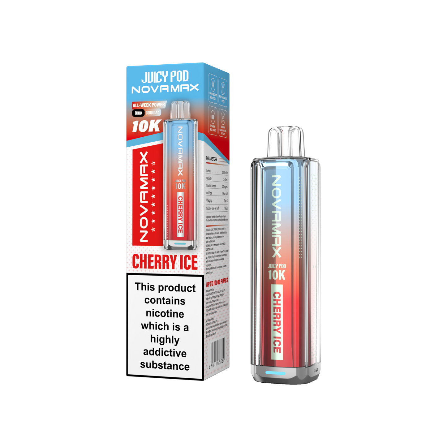 Juicy Pod Novamax 10k Prefilled Pod Vape Kit Pack of 5, Cherry Ice Flavour