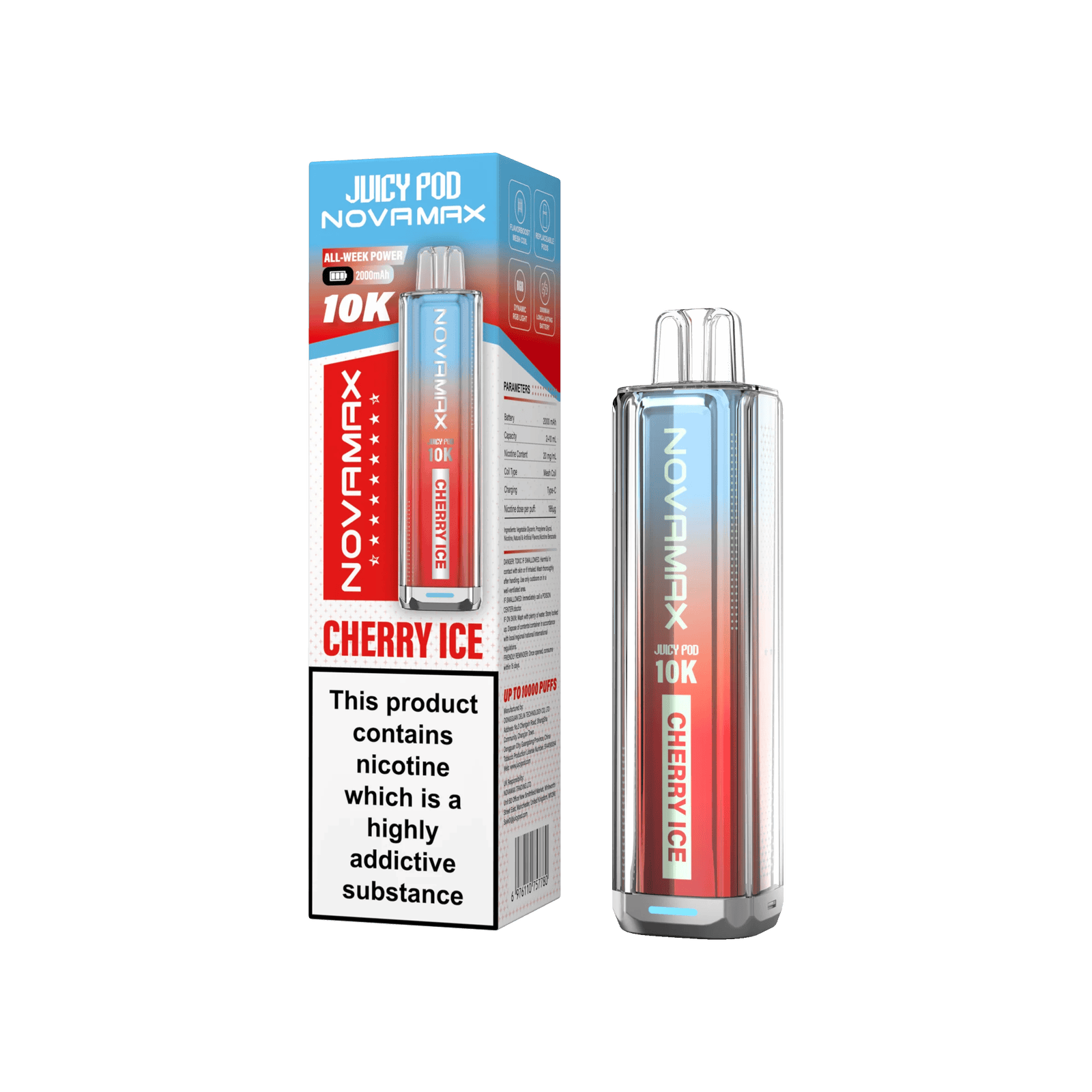 Juicy Pod Novamax 10k Prefilled Pod Vape Kit Pack of 5, Cherry Ice Flavour