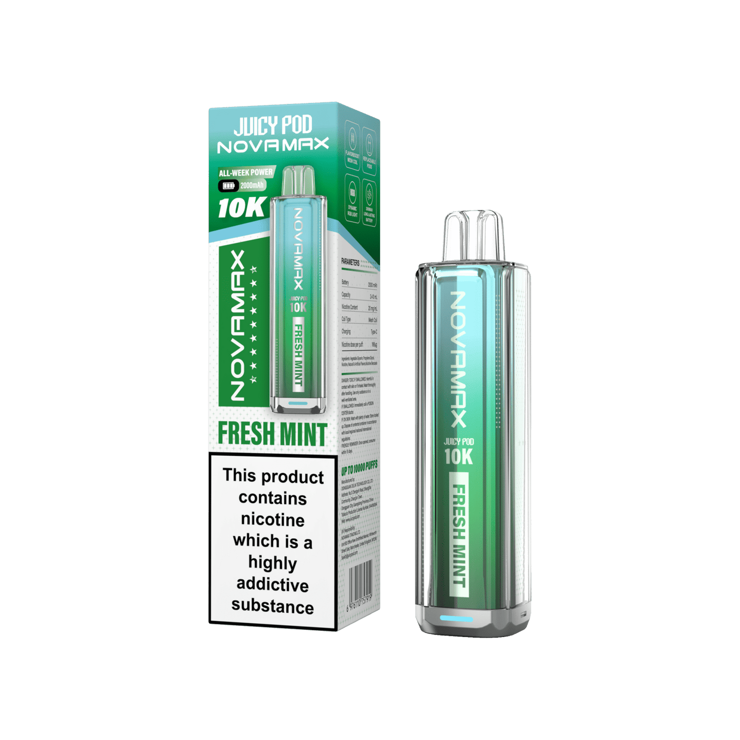 Juicy Pod Novamax 10k Prefilled Pod Vape Kit Pack of 5, Fresh Mint Flavour