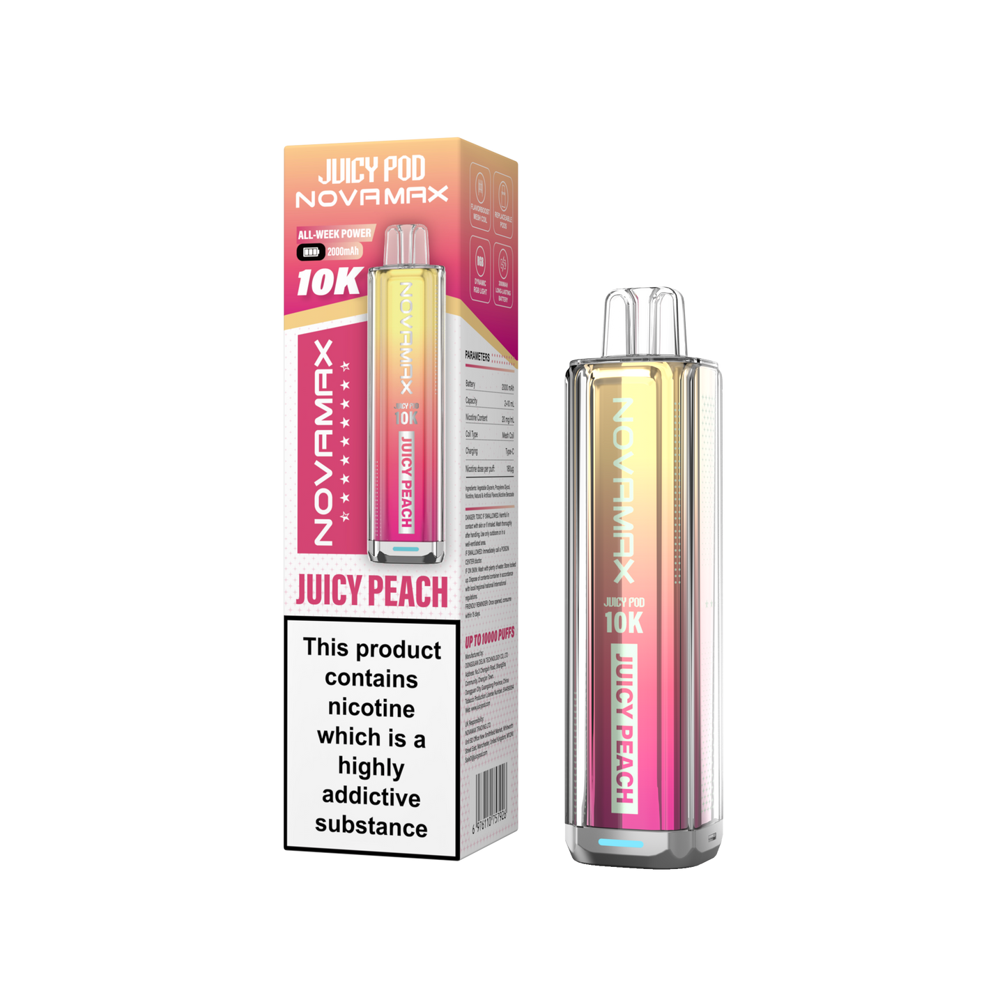 Juicy Pod Novamax 10k Prefilled Pod Vape Kit Pack of 5, Juicy Peach Flavour