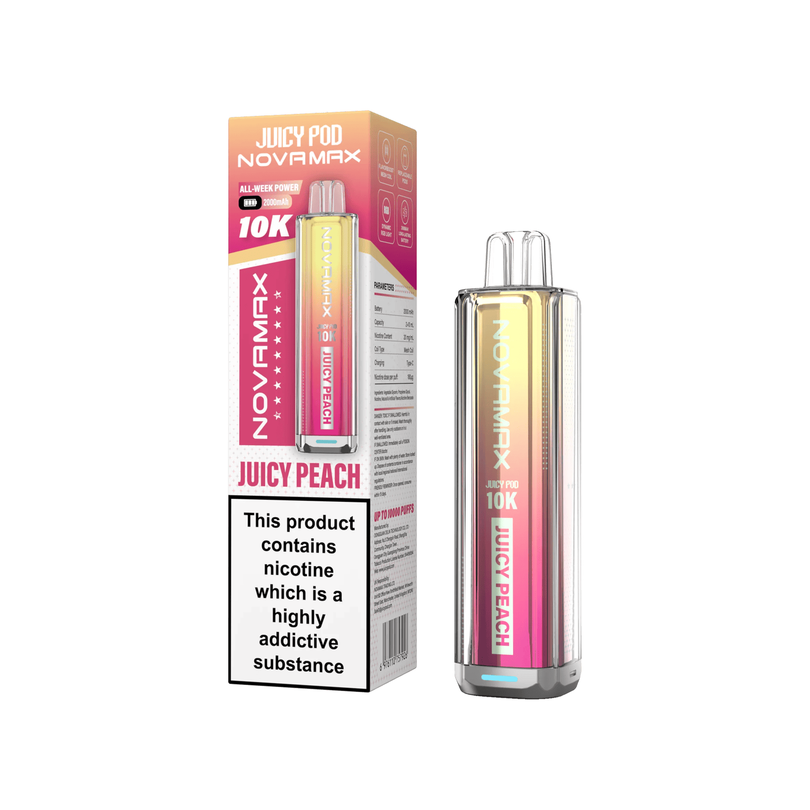 Juicy Pod Novamax 10k Prefilled Pod Vape Kit Pack of 5, Juicy Peach Flavour