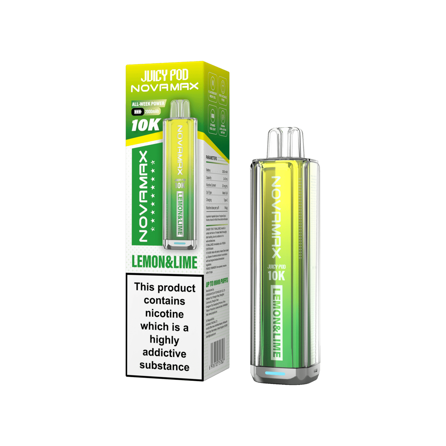 Juicy Pod Novamax 10k Prefilled Pod Vape Kit Pack of 5, Lemon Lime Flavour