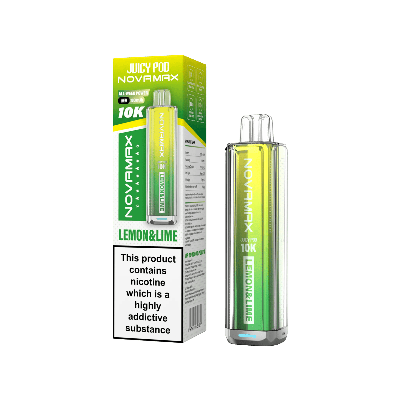 Juicy Pod Novamax 10k Prefilled Pod Vape Kit Pack of 5, Lemon Lime Flavour
