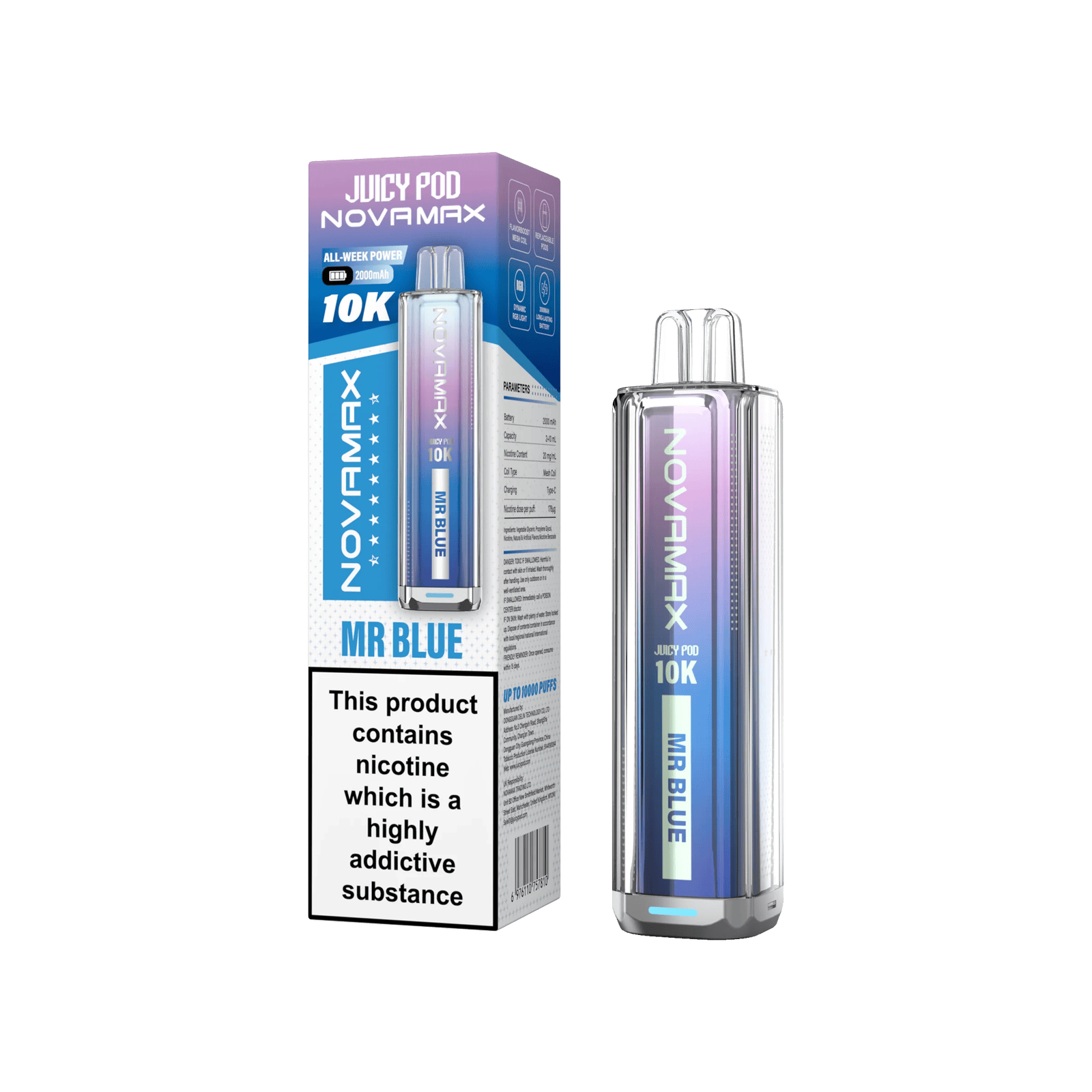 Juicy Pod Novamax 10k Prefilled Pod Vape Kit Pack of 5, Mr Blue Flavour