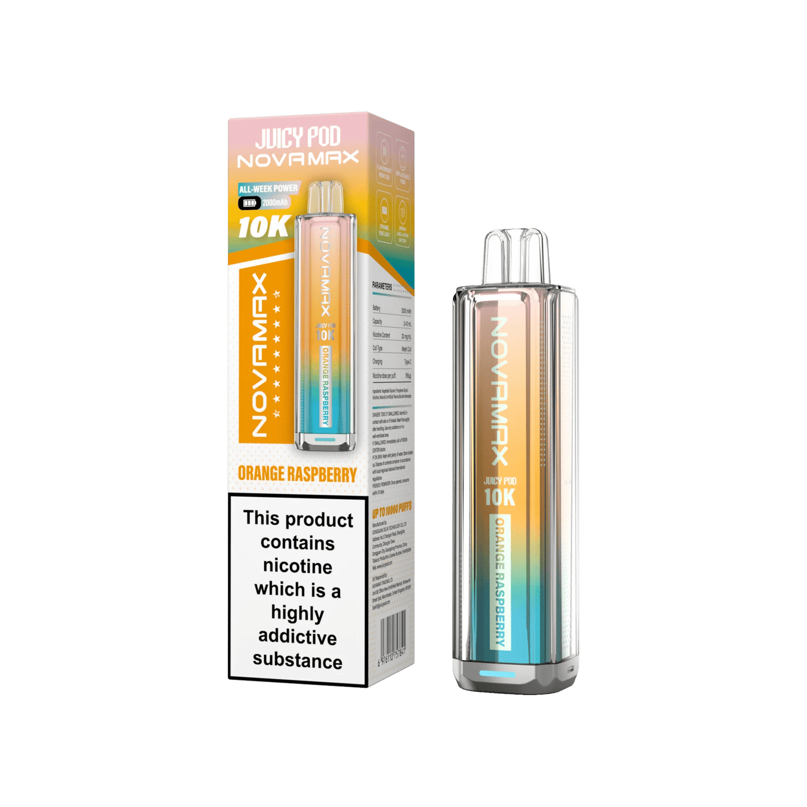 Juicy Pod Novamax 10k Prefilled Pod Vape Kit Pack of 5, Orange Raspberry Flavour