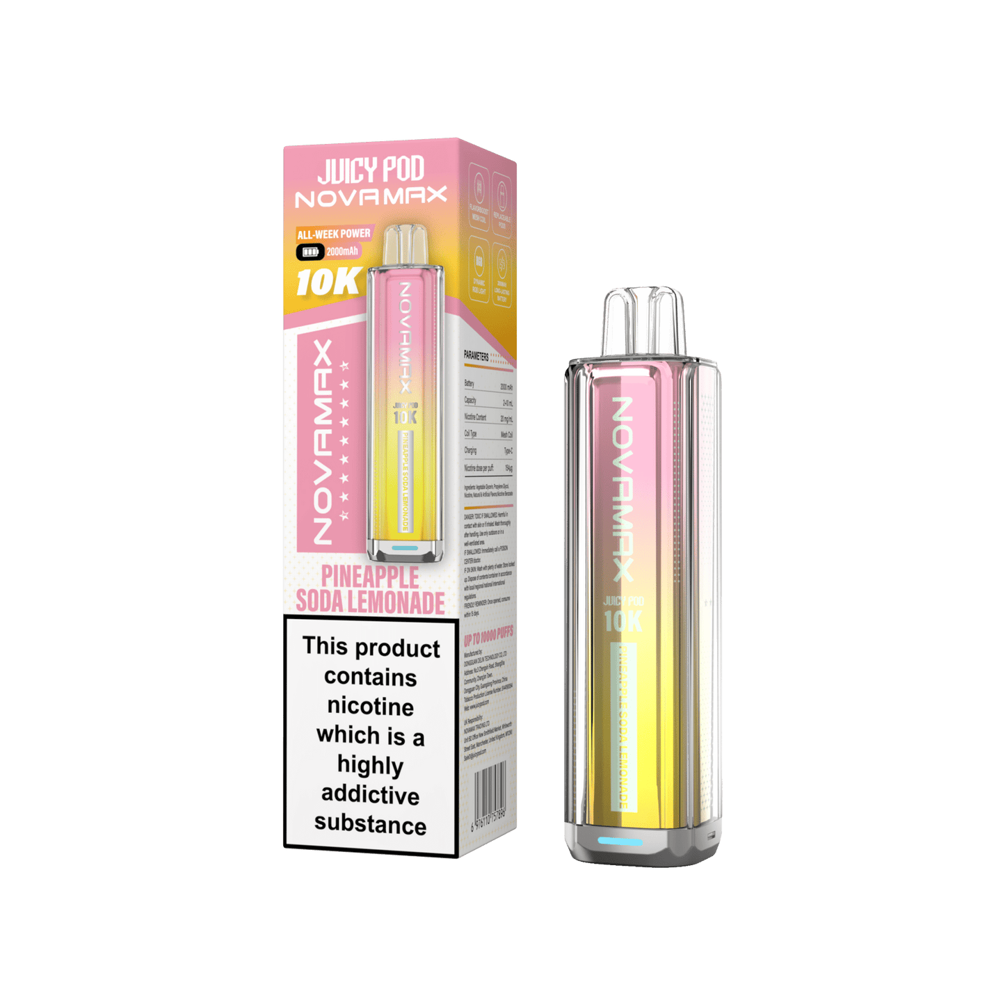 Juicy Pod Novamax 10k Prefilled Pod Vape Kit Pack of 5, Pineapple Soda Lemonade Flavour