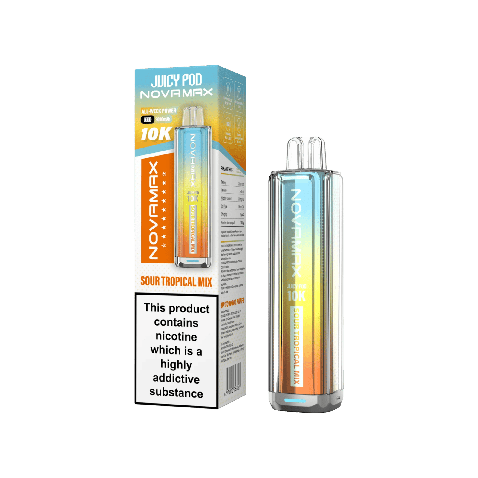 Juicy Pod Novamax 10k Prefilled Pod Vape Kit Pack of 5, Sour Tropical Mix Flavour